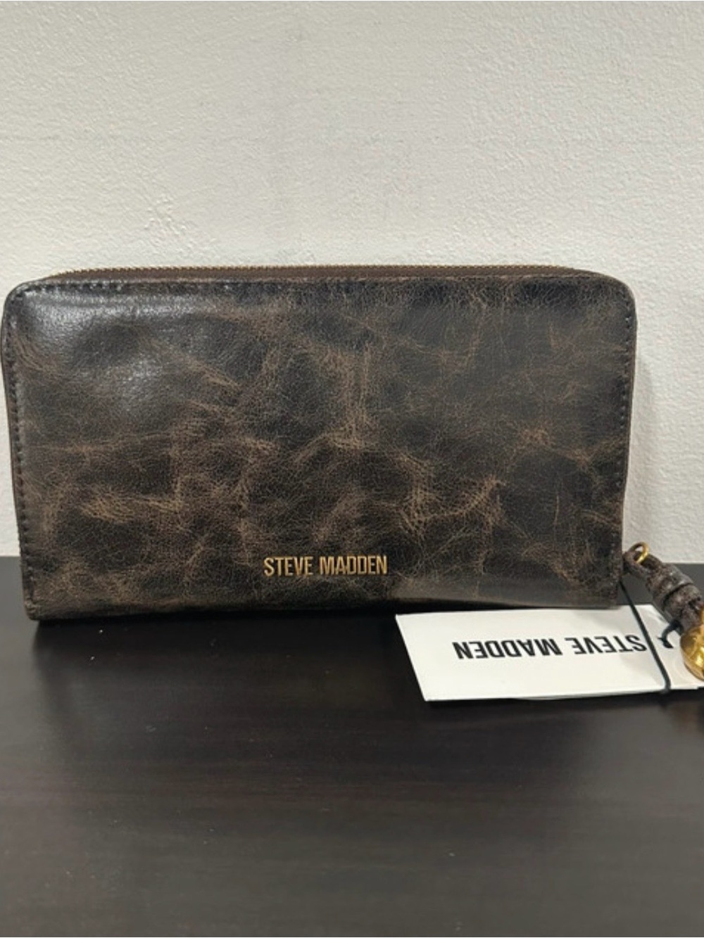 Steve Madden Distressed Brown Zip-Around Wallet with Gold Logo